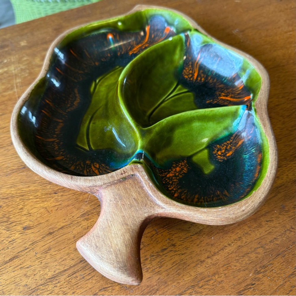 VTG Santa Anita Ware Divided Dish Nuts Candy Blue Green Leaf Shape R 144